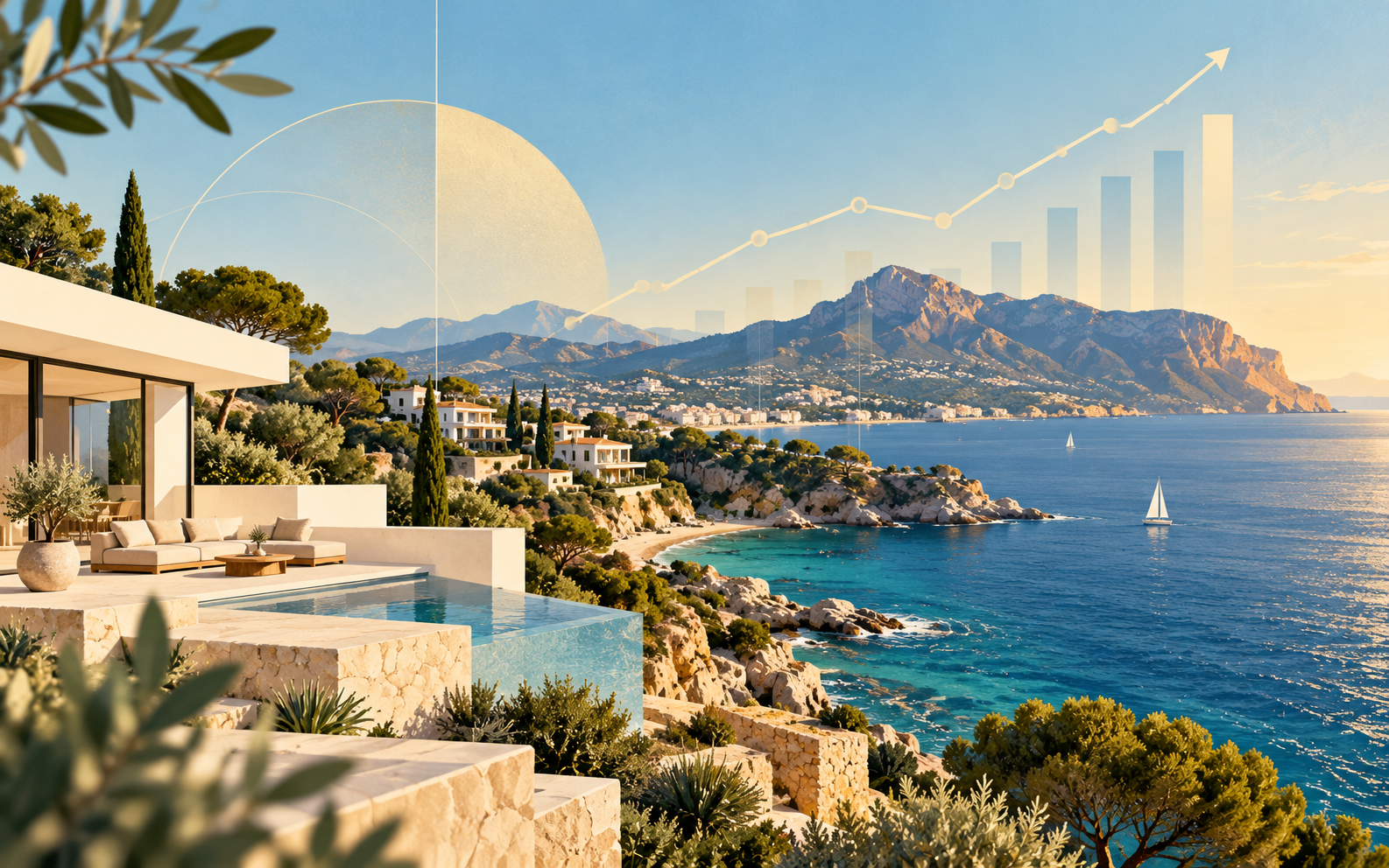 Kystlandskap på Costa Blanca med stilisert grafikk over boligprisutviklingen